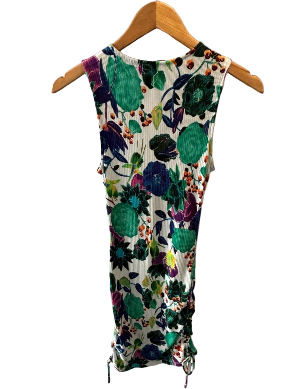Desigual Floral Ribbed Knit Sleeveless Mini Dress S Side Ruching Bodycon Stretch - Picture 7 of 15